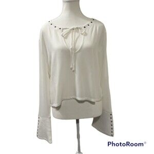 Lulus Womens White Tie Front Cropped Textured Top Studded Bell Sleeve Size Large